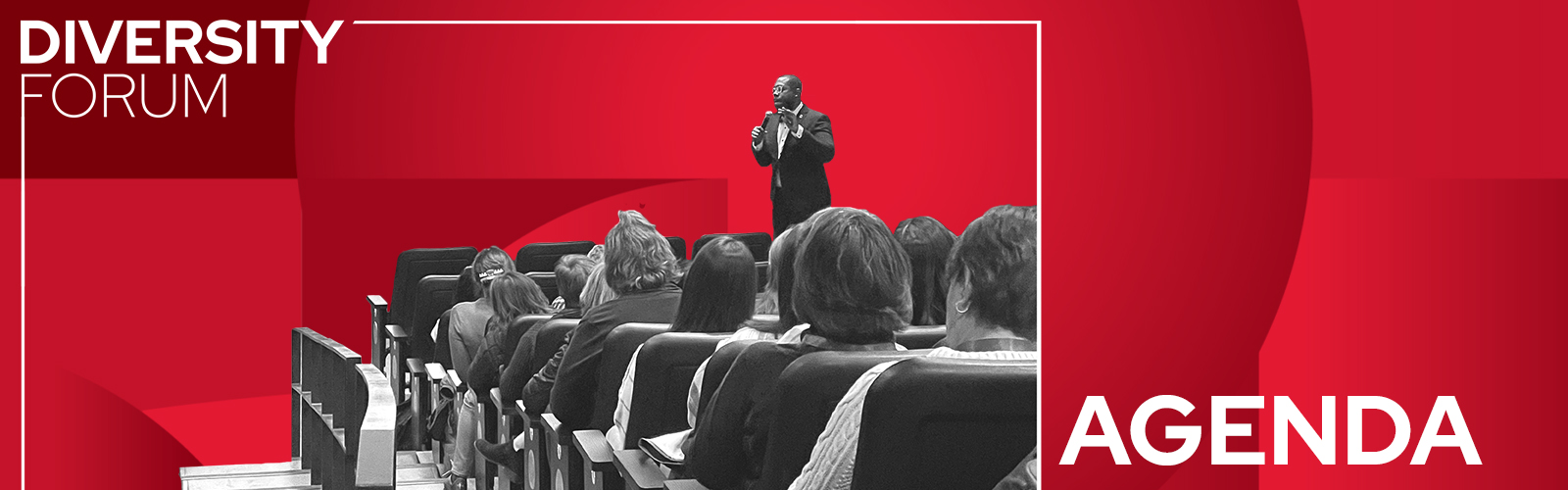 Outline of a person speaking to audience at a Diversity Forum session against a red graphic background